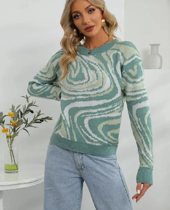 Elegant Green Tie Dye Knitted Sweater and Pullovers Women Winter Long Sleeve Warm Ribbed Jumper Female Slim Top Mesh Blend Leather Blend Suede Blend