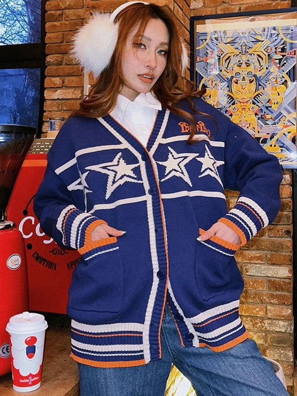 Beer Bro Quadruple Stars Knitted Button Up Long Sleeve V-Neck Sweater Fleece Sweater Nylon Polyester