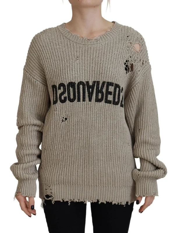 Beige Cotton Knitted Crewneck Pullover Sweater Satin Blend Silk Blend Wool Blend