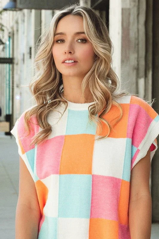 BiBi Multi-Color Checker Sweater Vest Silk Blend Satin Velvet