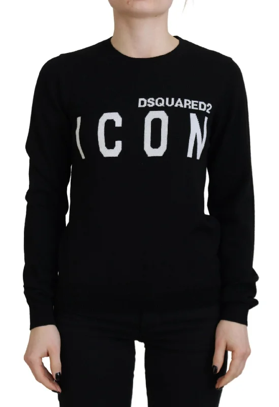 Black Virgin Wool Logo Print Long Sleeves Sweater Real Fur Shearling Chenille
