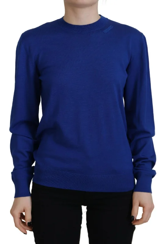Blue Long Sleeve Crew Neck Casual Sweater Ribbed Striped Patterned