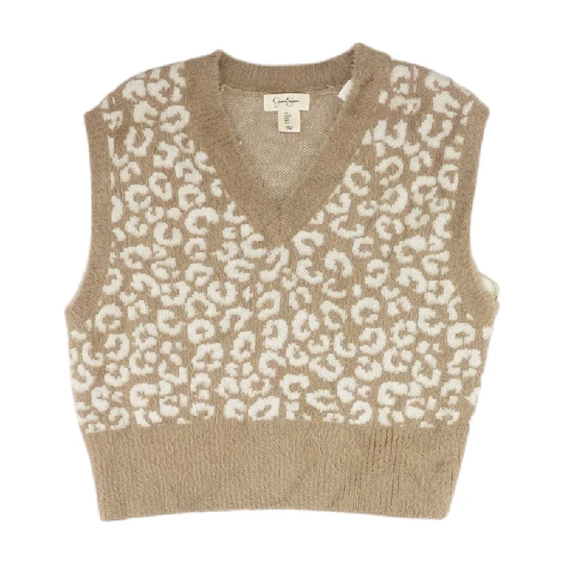 Brown Animal Print V-Neck Sweater Zippered Buttoned Snapped