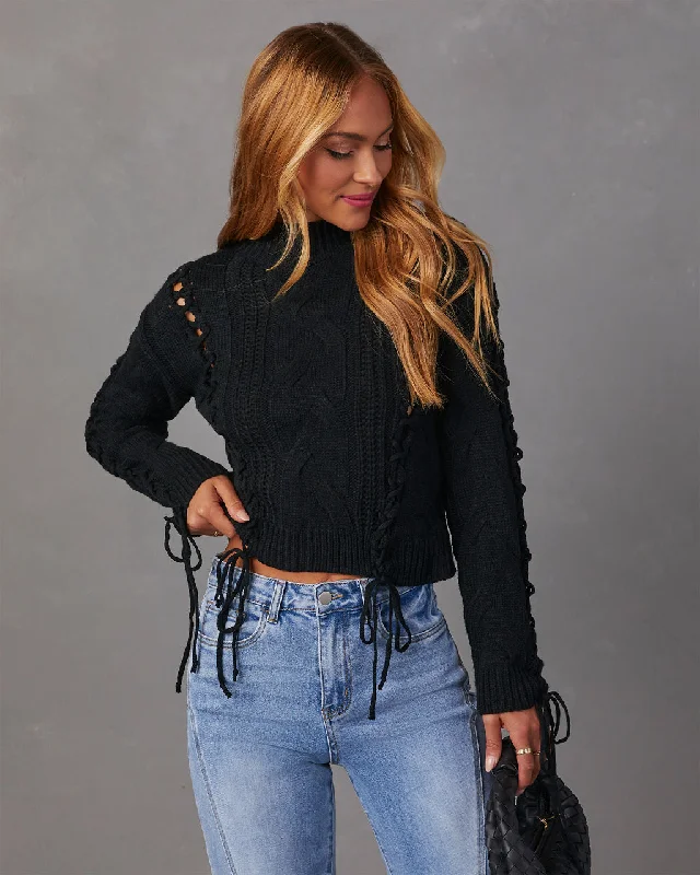 Camelia Mock Neck Lace Up Sweater Denim Fabric Leather Fabric Suede Fabric