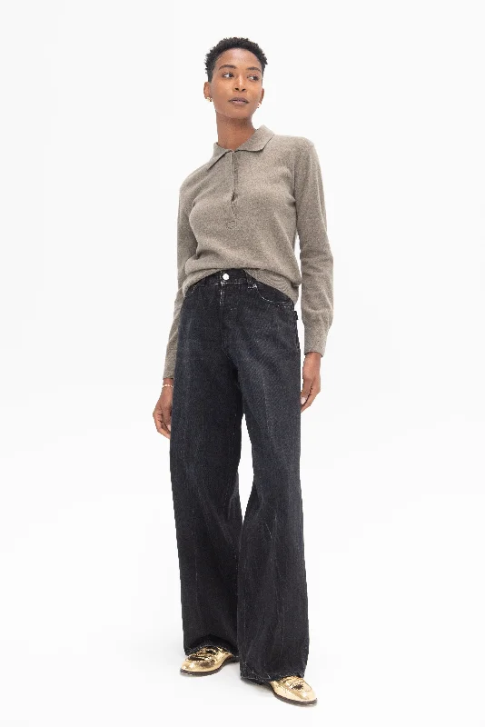 Cashmere Polo Sweater, Greige Front Pockets Side Pockets Patch Pockets
