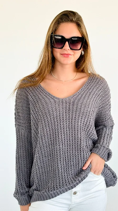 Coastal Breeze Knit Sweater - Charcoal Satin Blend Silk Blend Wool Blend