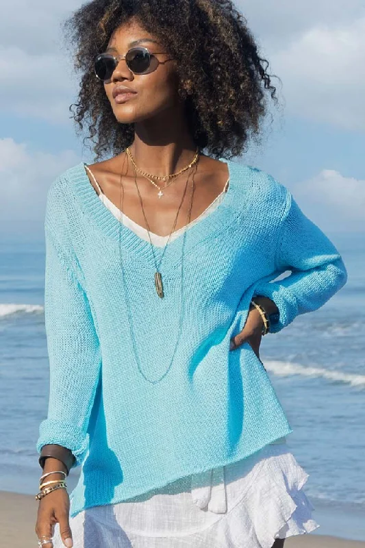 Wooden Ships Maggie V Cotton Sweater Surf Jack Aqua Notch Collar Peter Pan Collar Cowl Neck