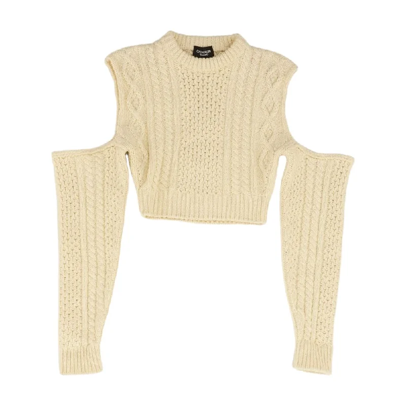 Cropped Cold-Shoulder Cable-Knit Wool-Blend Sweater Front Pockets Side Pockets Patch Pockets