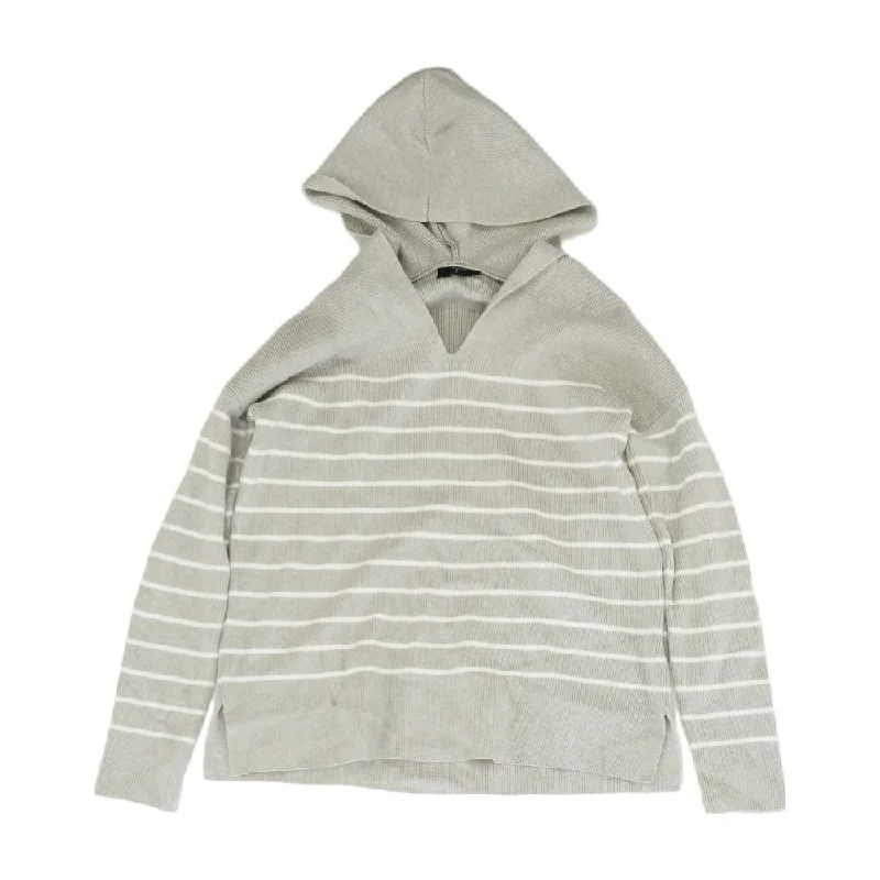 Gray Striped V-Neck Sweater Ribbed Striped Patterned