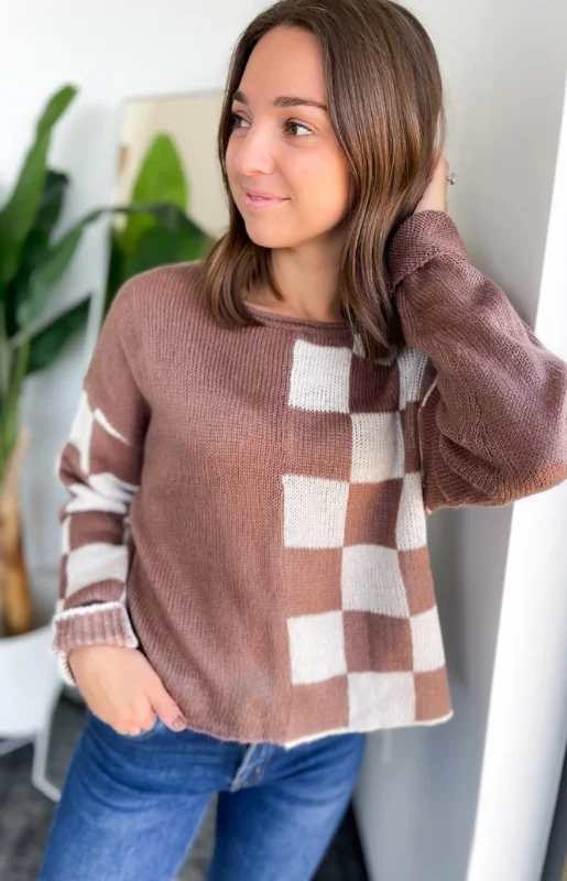 Isabelle Color Block Checkered Knit Sweater Spandex Rayon Corduroy