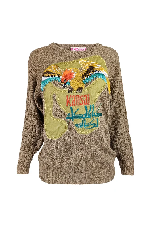 Womens Brown Knit Eagle Embroidered Jumper, 1980s Wool Fabric Cashmere Fabric Tweed Fabric