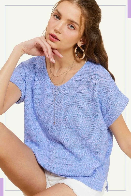 La Miel Soft Lightweight V-Neck Short Sleeve Sweater Top Modern Contemporary Chic