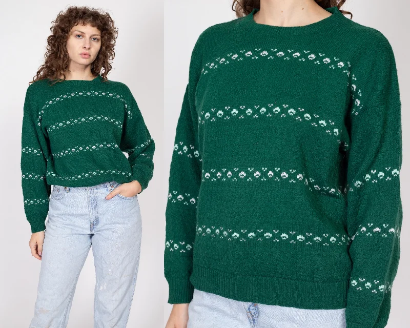 Large 80s Shamrock Green Striped Knit Sweater Boxy Sweater Fitted Sweater A-Line