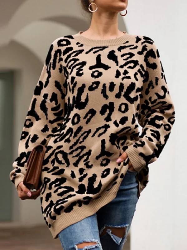 Leopard Round Neck Tunic Sweater Striped Floral Plaid