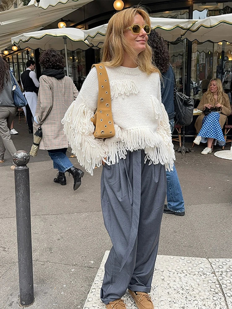 Lunivop Knitted Tassel O-neck pullovers Sweaters Women Casual Chic Long Sleeved Sweaters For Woman Autumn Winter Solid Short Loose Tops Open Front Closed Front Wrap Front