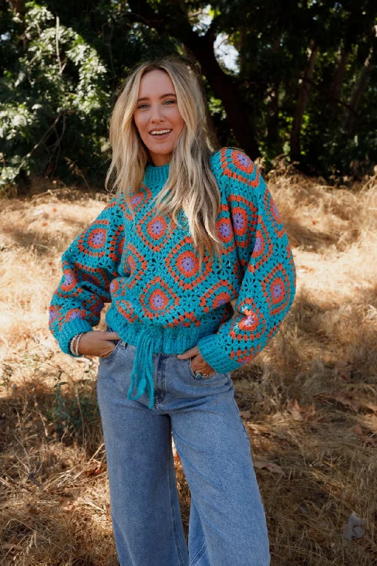 Made For Each Other Crochet Sweater - Teal Multi Handmade Hand-knitted Hand-woven