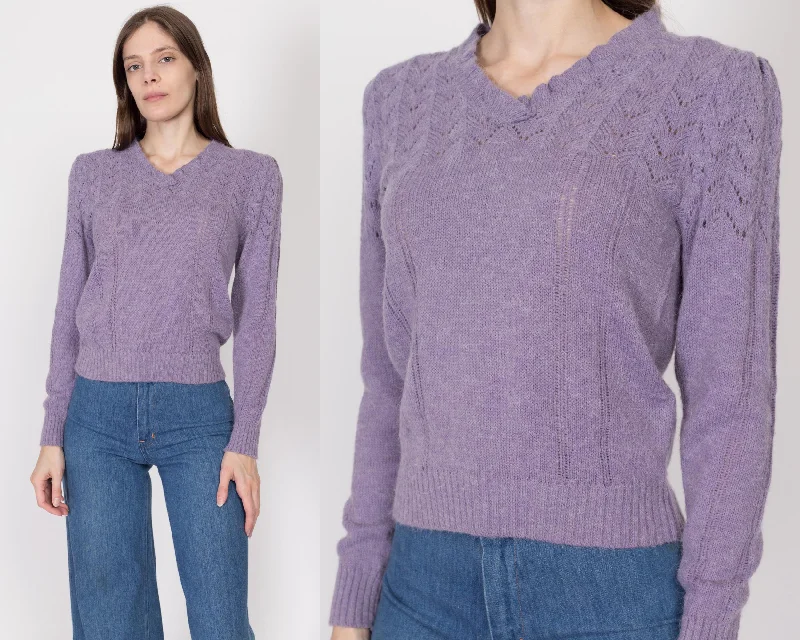 Medium 70s Purple Eyelet Knit Sweater Tailored Straight A-Line