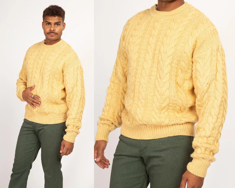 Medium 80s Abercrombie & Fitch Cream Wool Fisherman Sweater Cashmere Blend Cotton Blend Poly Blend
