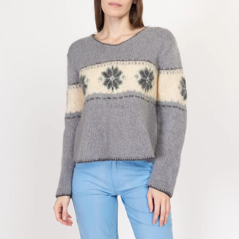 Medium 90s Floral Mohair Slouchy Sweater Boat Neck Shawl Collar Notched Collar