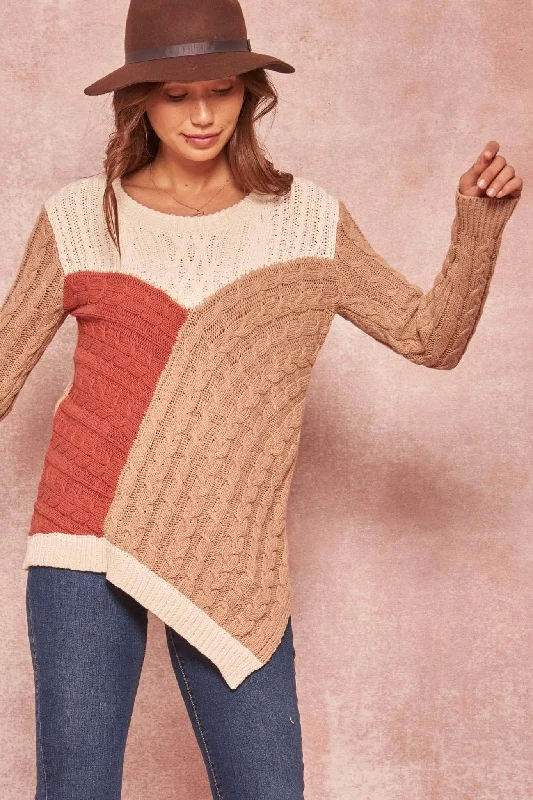 Mixed Signals Patchwork Cable Knit Sweater Print Jacquard Patchwork