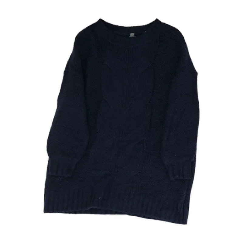 Navy Solid Crewneck Sweater Fleece Fabric Down Fabric Feather Fabric