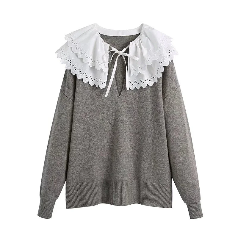 New sweet lace stitched detachable collar wool sweater  7711 Long Sweater Short Sweater Cropped Sweater