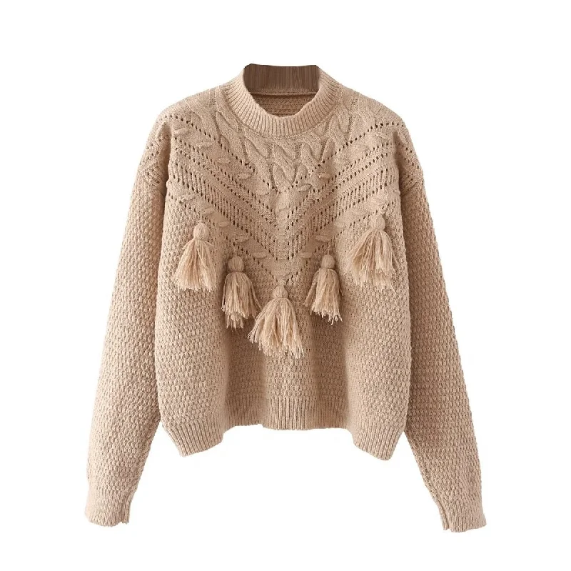 New Women Fashion Hollow Out Crochet Tassel Stitching Knitting Sweater Lady Chic O Neck Long Sleeve Pullovers Tops Seamless Knitted Crochet
