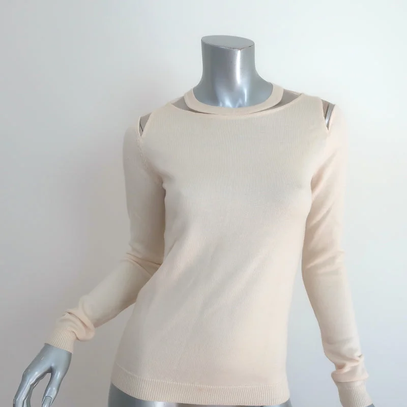 Oscar de la Renta Tulle Insert Cutout Sweater Ivory Wool Size Small Solid Color Striped Floral Print