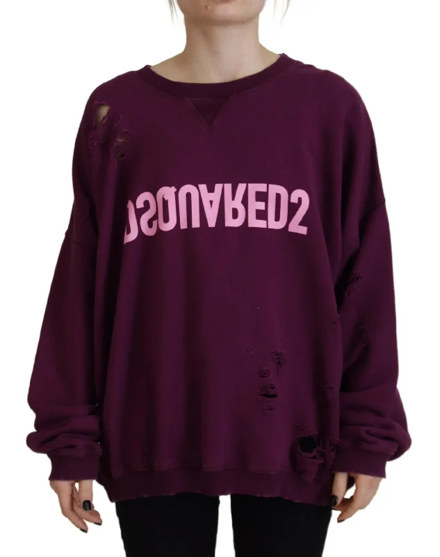 Purple Cotton Distressed Printed Long Sleeve Sweater Elegant Classic Vintage