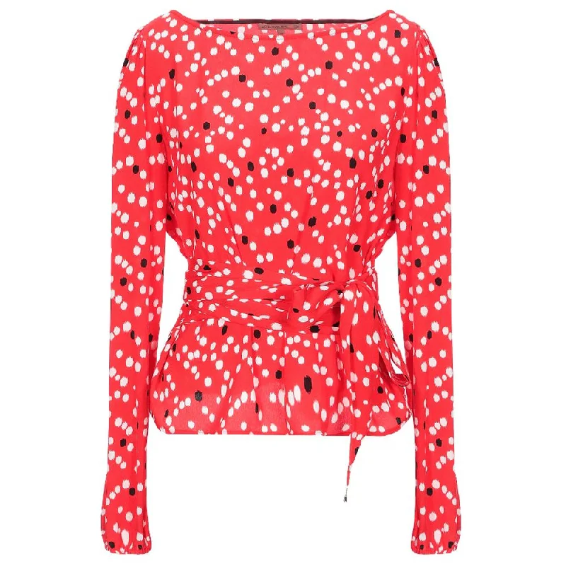 Red Polyester Sweater Turtle Neck Boat Neck Asymmetrical Neck