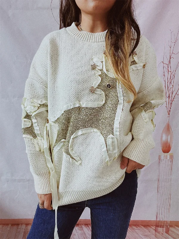 Reindeer Round Neck Long Sleeve Sweater Bright Pastel Dark