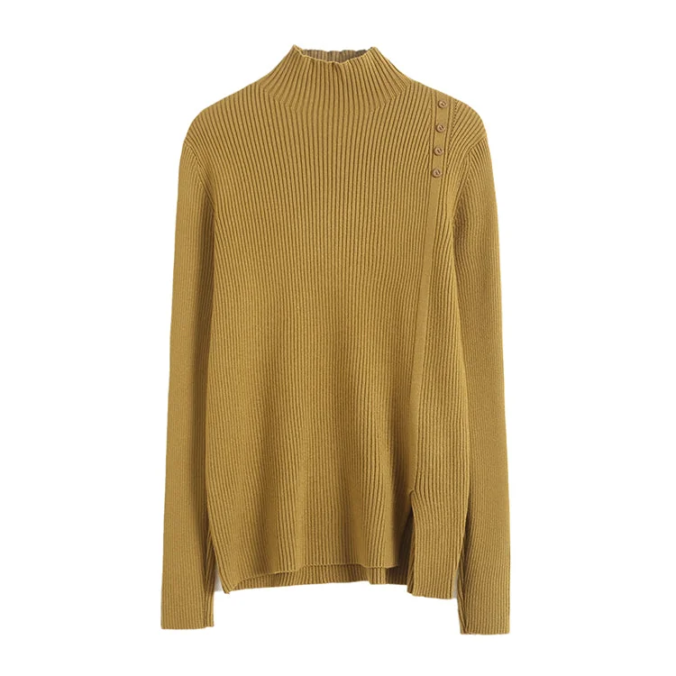 Simple basic versatile half high neck sweater  7527 Ribbed Striped Patterned