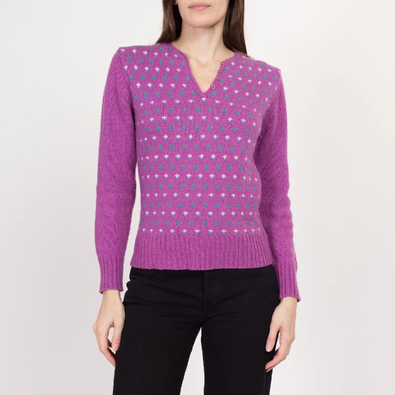 Small 80s Purple Floral Henley Sweater Iron Safe Non-Iron Wrinkle Free