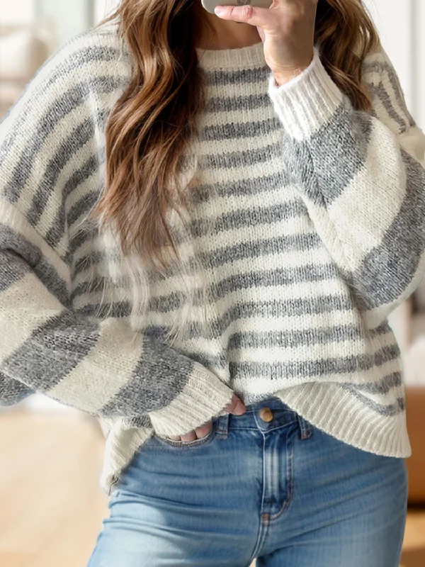 Gray Striped Sweater Chenille Blend Fleece Blend Nylon Blend