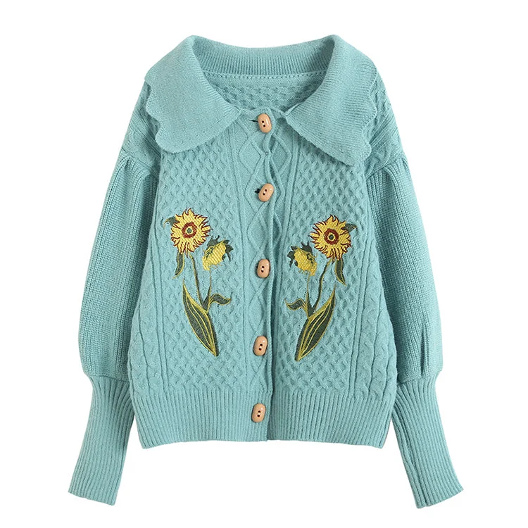 Vintage sunflower embroidered twist sweater coat  7518 Slim Fit Regular Fit Oversized