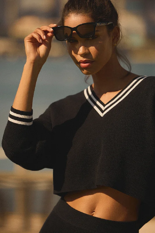 Tennis Club Sweater Knit V-Neck Pullover - Black/Ivory Mesh Sweater Canvas Denim
