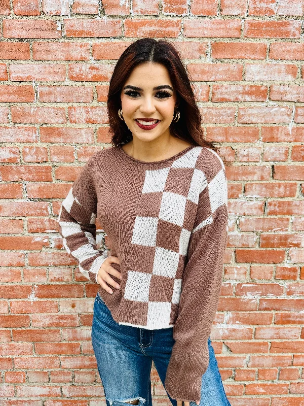 Warmest Wishes Color Block Checkered Sweater • Mocha Soft Cozy Warm