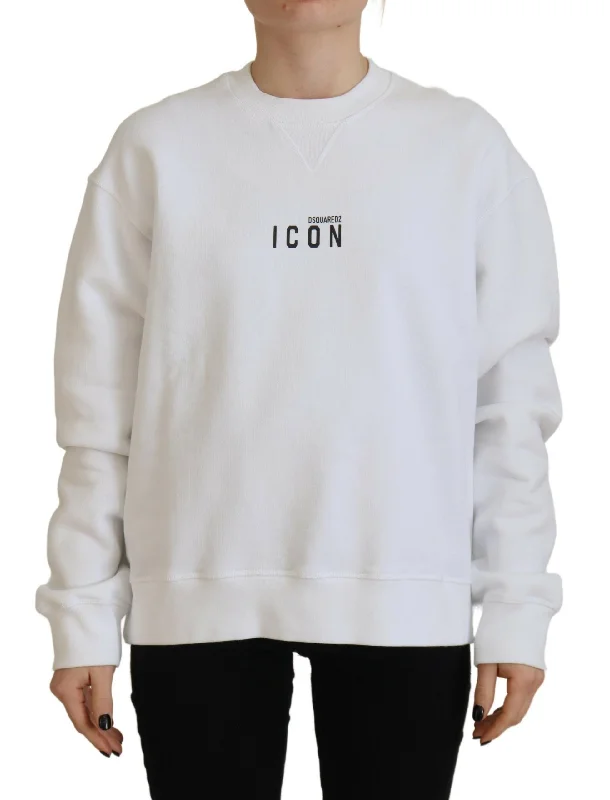 White Cotton Printed Long Sleeve Crew Neck Sweater Tailored Straight A-Line
