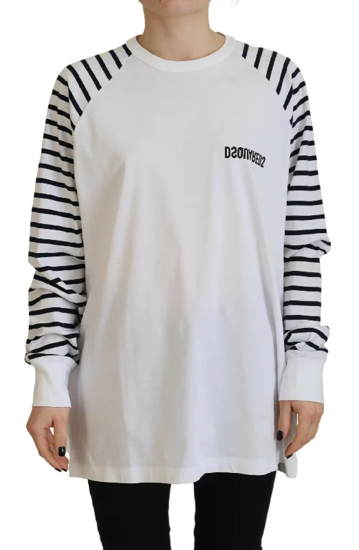 White Cotton Striped Crew Neck Short Sleeve Sweater Front Pockets Side Pockets Patch Pockets