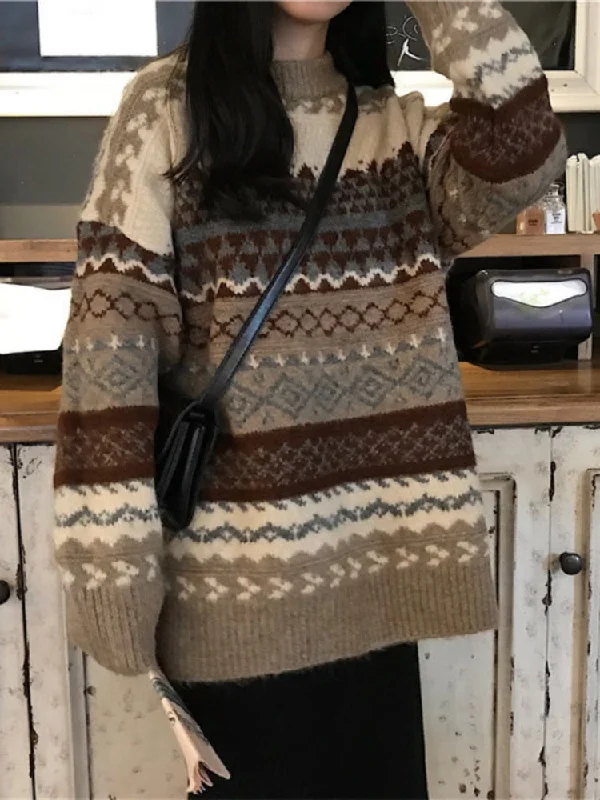 Women Winter Sweater Pullover Knit Jumpers Loose Striped Pull Jumpers Casual Top Argyle Sweater jerseys mujer invierno Fleece Sweater Nylon Polyester