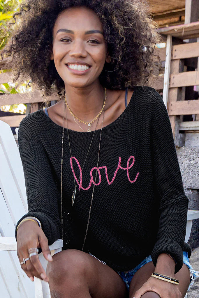 Wooden Ships Key West Love Crew Cotton Sweater Black/Cherry Pastille Modern Contemporary Chic