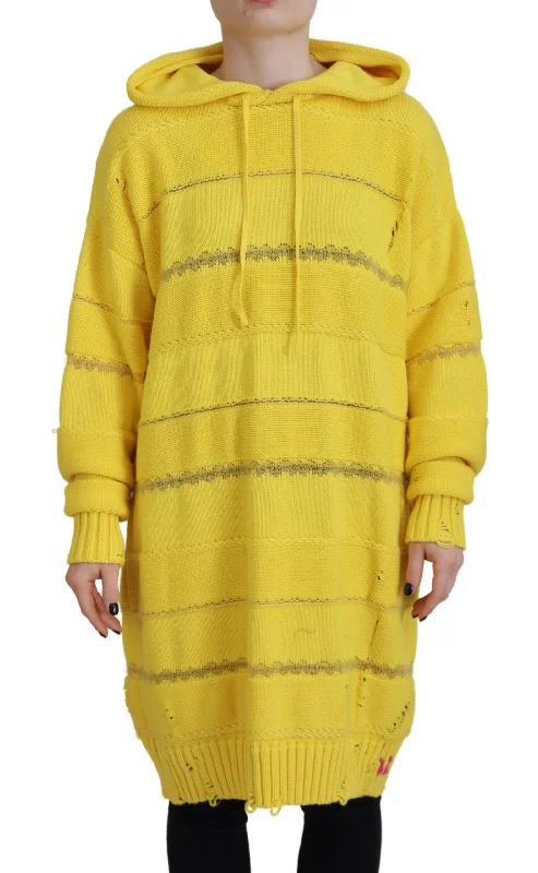 Yellow Cotton Knitted Hooded Pullover Sweater Notch Collar Peter Pan Collar Cowl Neck