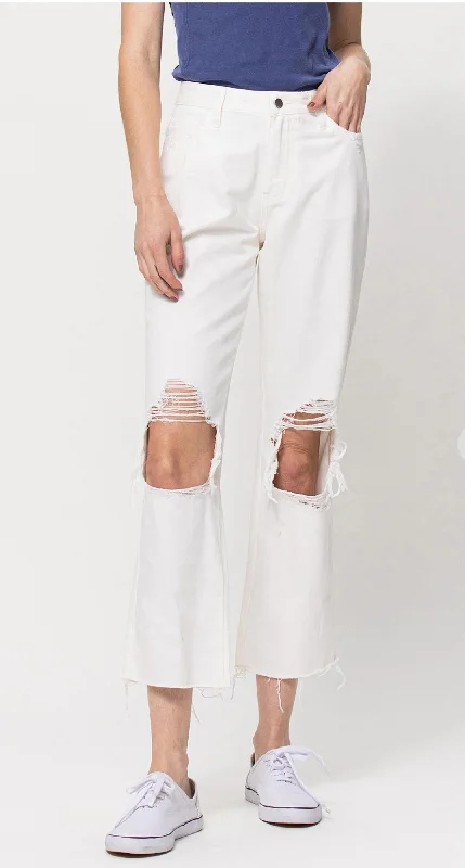 90S Vintage Ankle Straight Jeans In White Trendy Wide-Legged High-Waist Jeans