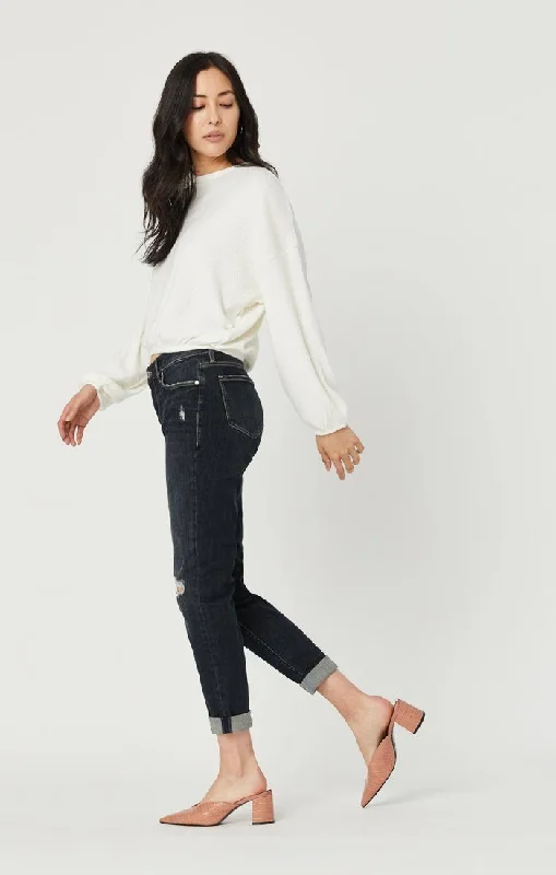 ADA BOYFRIEND JEANS IN SMOKY RIPPED VINTAGE Trendy Low-Rise Bootcut Jeans