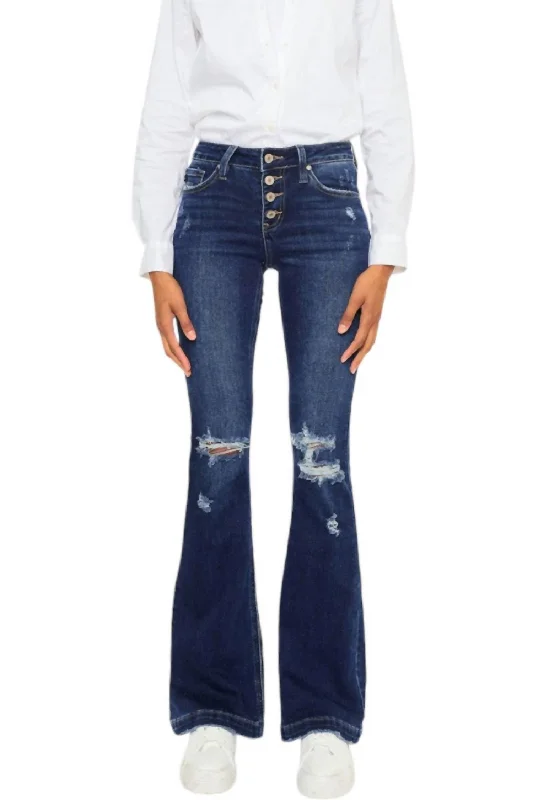 Alisha Distressed Denim Flare Jeans In Denim Blue Trendy Wide-Leg High-Waist Denim