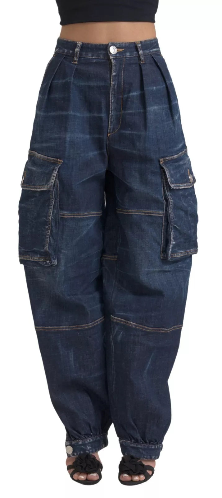 Blue High Waist Cotton Cargo Baggy Denim Jeans Chic Double Waistband Jeans