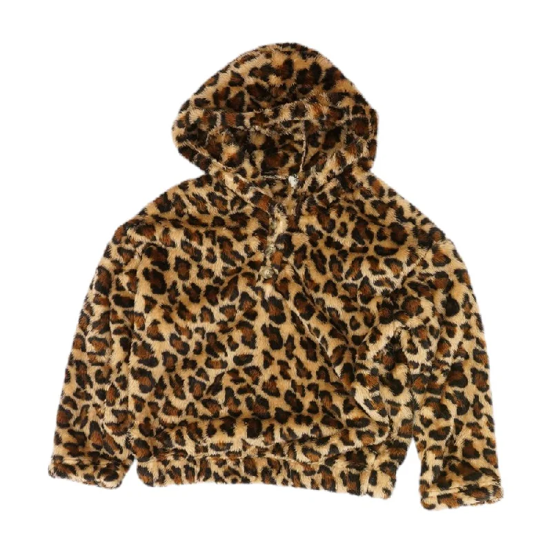Brown Animal Print Hoodie Hoodie with Button Placket Classic Preppy