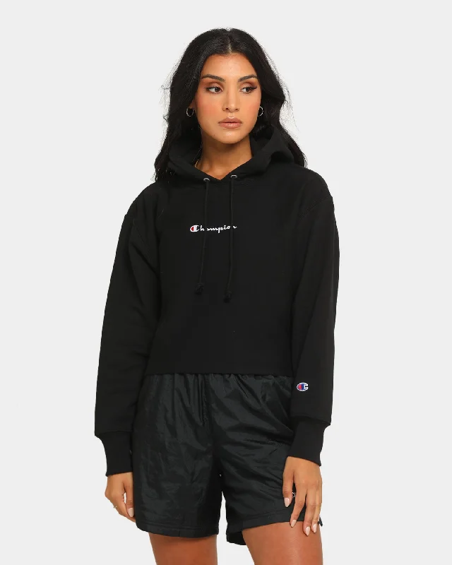 Champion Women's Rev Weave Script Crop Hoodie Black Hoodie with Oversized Fit Loose Comfortable Champion Women's Rev Weave Script Crop Hoodie Black Hoodie with Oversized Fit Loose Comfortable
