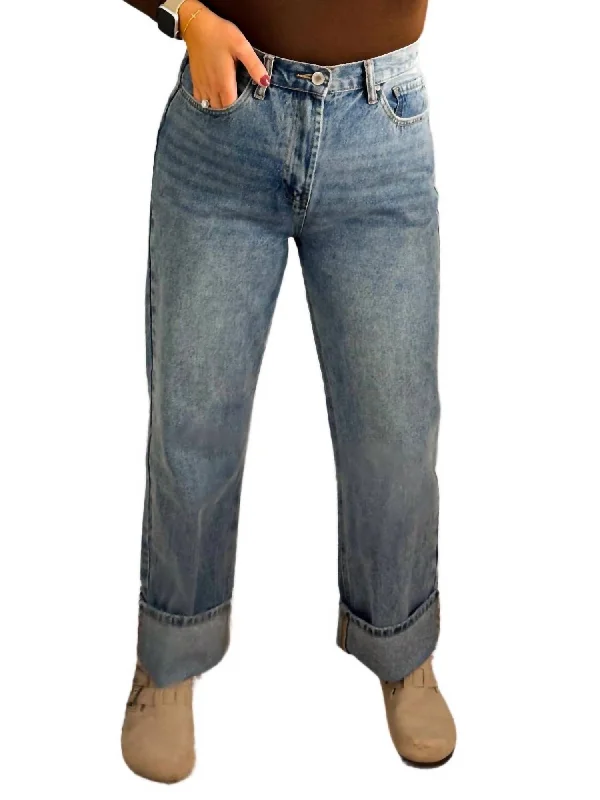 Cuffed Boyfriend Denim Jeans In Blue Stylish High-Waist Jeans