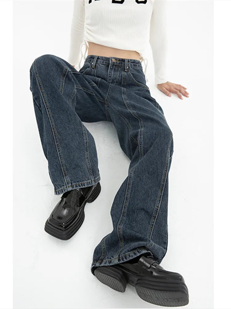 Dark Blue Womens Jeans High Waist Vintage Straight Baggy Denim Pants Streetwear Fashionable Jeggings Style Jeans Dark Blue Womens Jeans High Waist Vintage Straight Baggy Denim Pants Streetwear Fashionable Jeggings Style Jeans